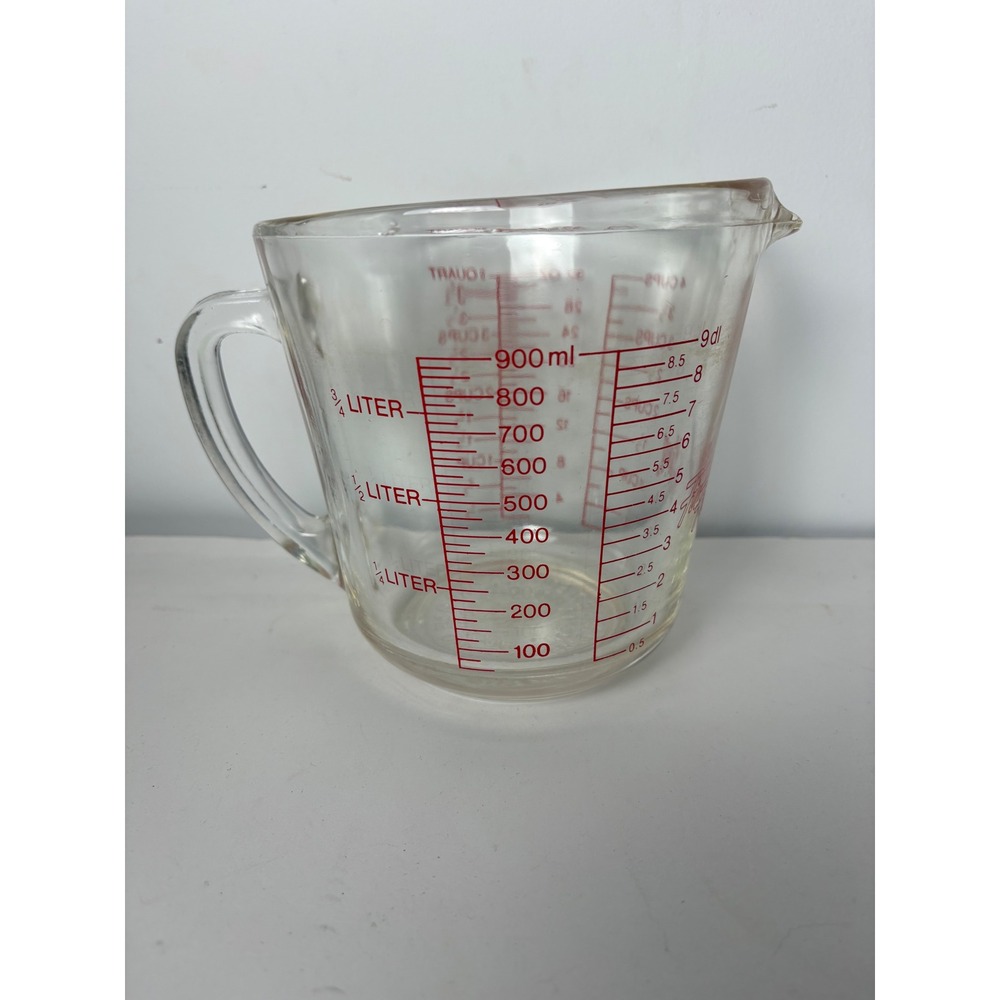 Vtg Fire-King Anchor Hocking 4 Cup Glass Measuring Cup Red Lettering 1 Quart USA